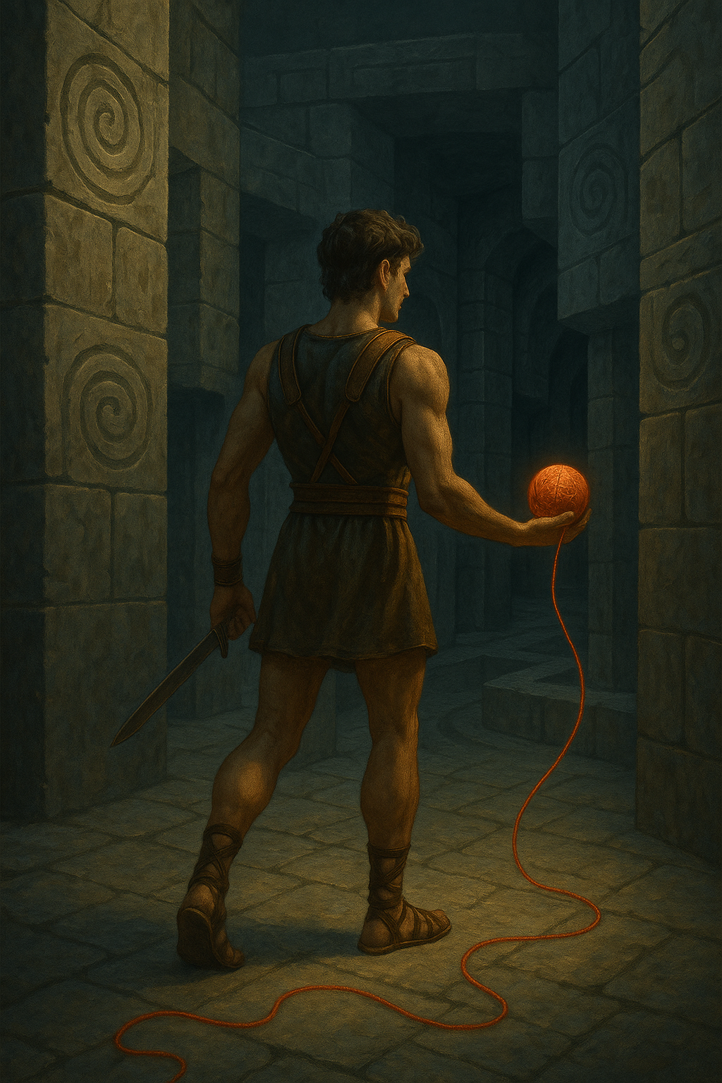 Theseus following Ariadne's thread through the labyrinth.